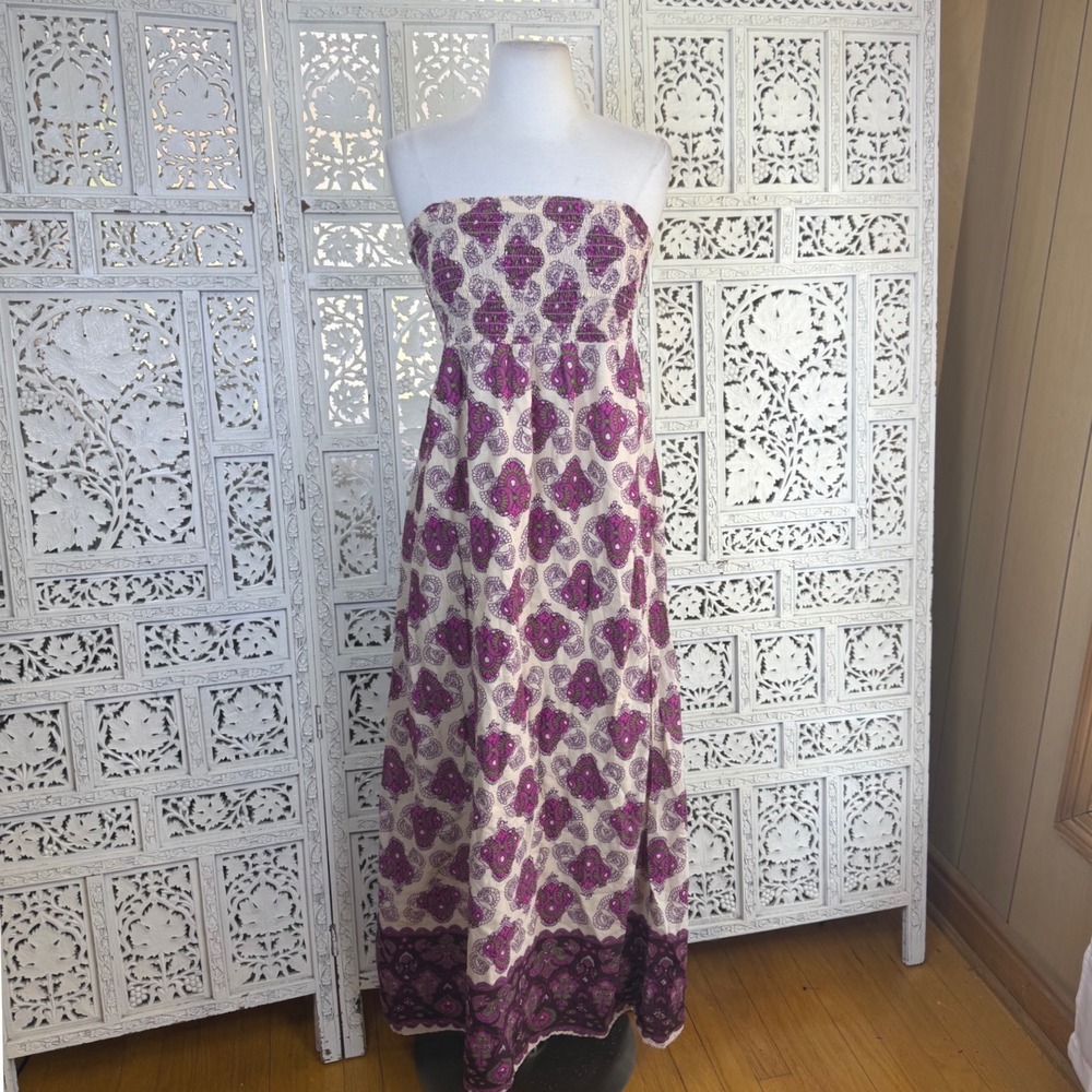 Y2K Old Navy Paisley Strapless Smocked Maxi‎ Dress Sz Medium Boho Hippie